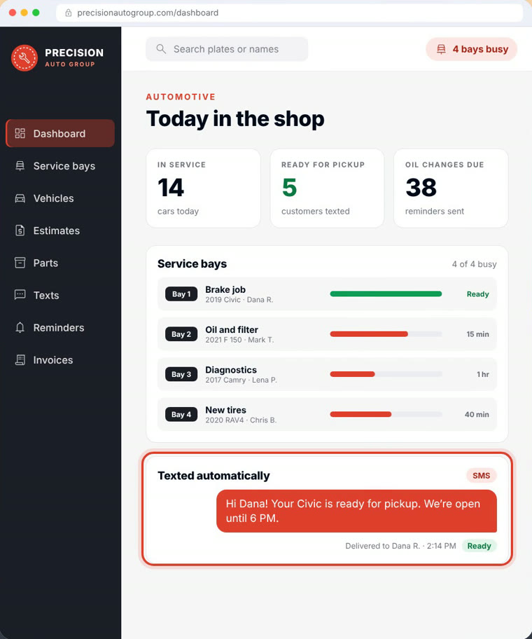 An auto shop dashboard showing cars in service, service bays and an automatic text telling a customer their car is ready